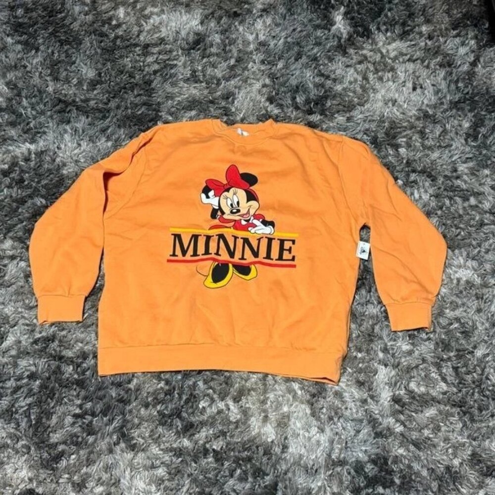 Vintage Size XL Disney Womens Orange Minnie Mouse Crew Neck Pullover Sweatshirt